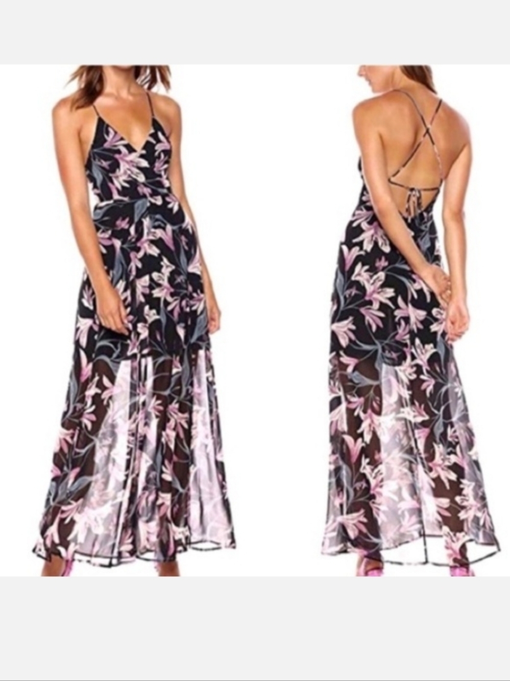 NWT ASTR the label Women's Sleeveless Floral Sheer Tie Back Maxi Dress Small